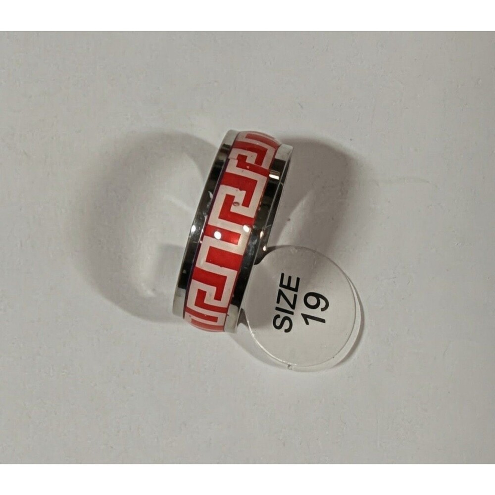 Red Greek Key Stainless Steel Ring | Roman Meander Band (US 9)